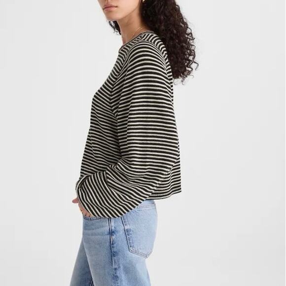 NWT Madewell Striped Curved Long-Sleeve Tee Jet Black and White Stripe Size XS - Picture 2 of 11